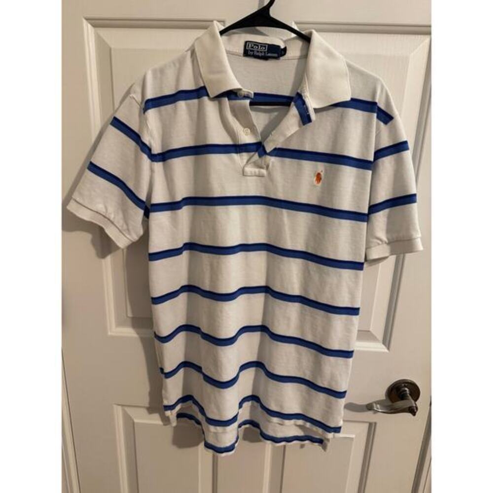 Polo by Ralph Lauren 100% cotton Polo White Blue Striped Classic Pony Golf L